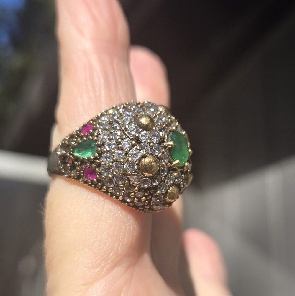 Emerald Topaz & ruby Sterling & Gold Large Ottoman ring Sz7.75 - Picture 4 of 14